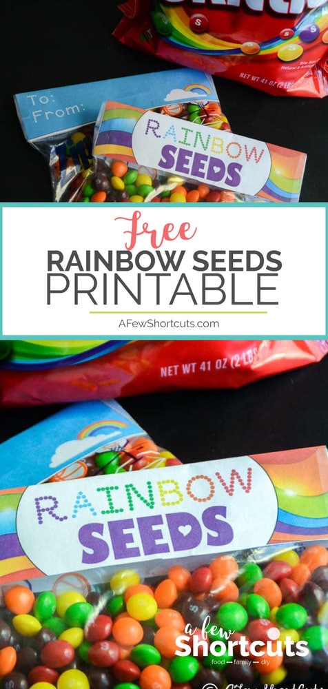 Such a cute way to celebrate St Patricks Day or Spring. Print these FREE Rainbow Seeds Printable Labels to create a fun treat for the kids! #stpatricks #printable #spring #rainbow