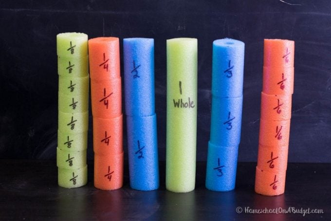 Have a little on trying to learn fractions? You need to make these DIY Pool Noodle Fraction Manipulatives. Perfect for homeschooling, or just to help with homework.