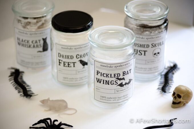 Add a spooky touch to your Halloween Decor with this simple Halloween project. Make these DIY Halloween Apothecary Jars and get the free printable labels too! | AFewShortcuts.com #printable #halloween #fall #spooky #diy #craft