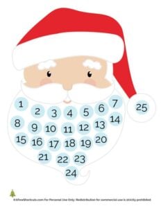 Help your kids keep track of the days until Christmas with this adorable FREE Santa Christmas Countdown Printable. Fill Santa's beard and enjoy the season!