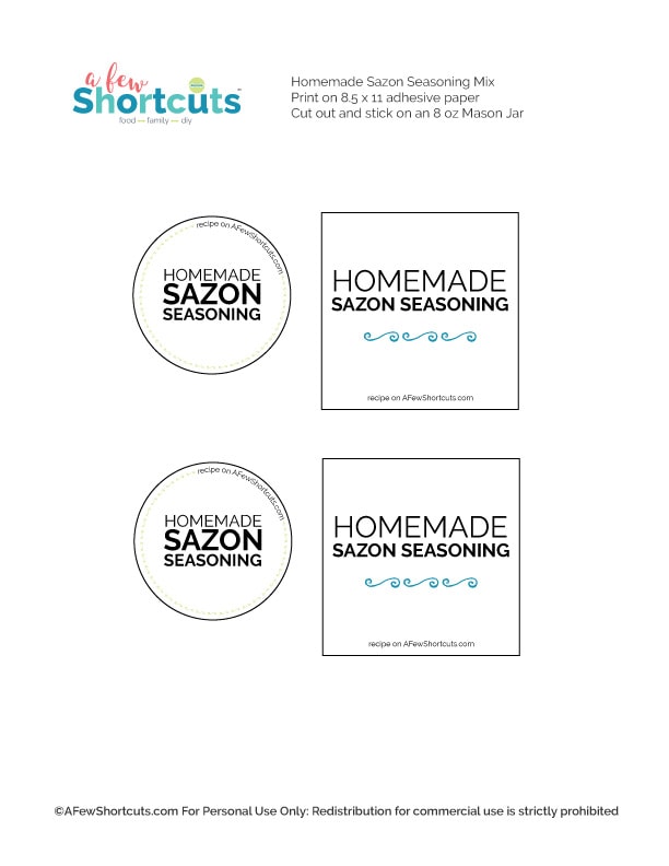 Printable Sazon Seasoning Labels A Few Shortcuts